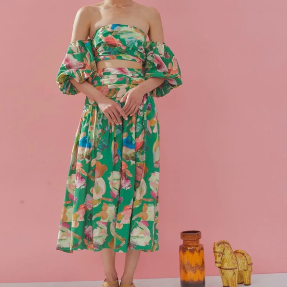 Alemais Green Floral A-Line Midi Skirt